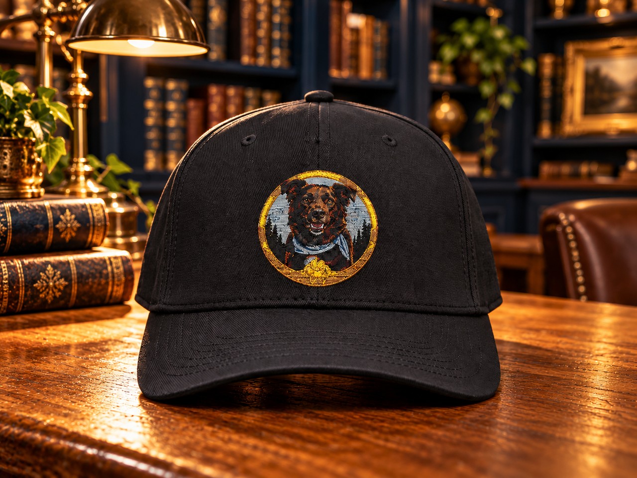 Black Paw Books embroidered baseball cap displayed on a reading table in a navy-and-gold library