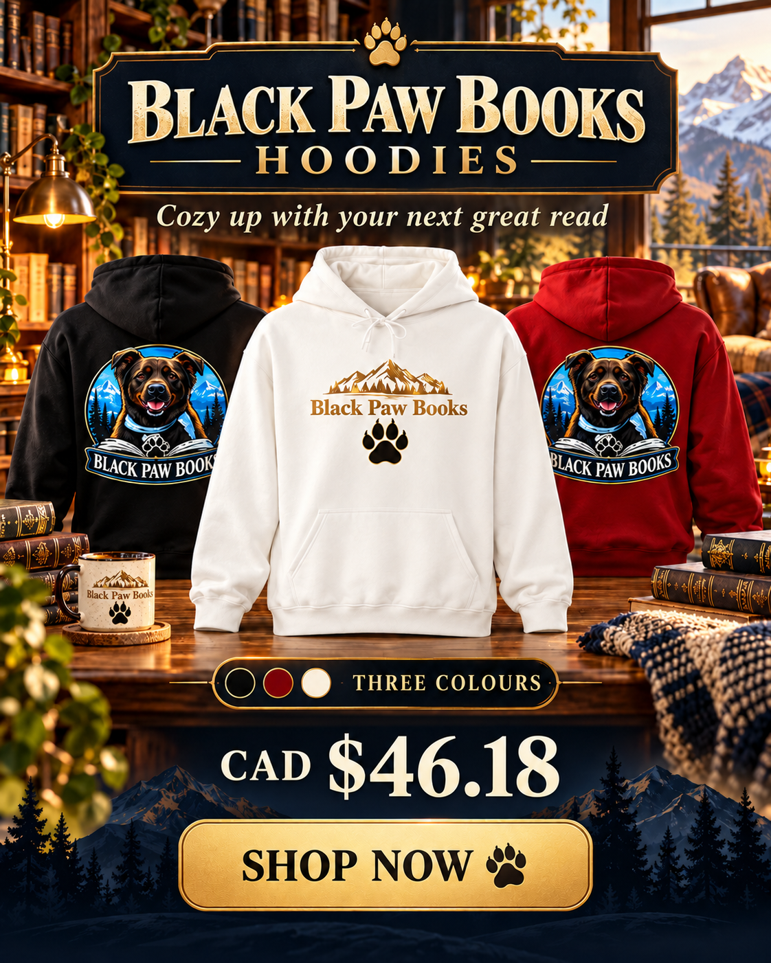 Black Paw Books hoodie promotion: white hoodie shown from the front, black and red hoodies from the back, with branded mug