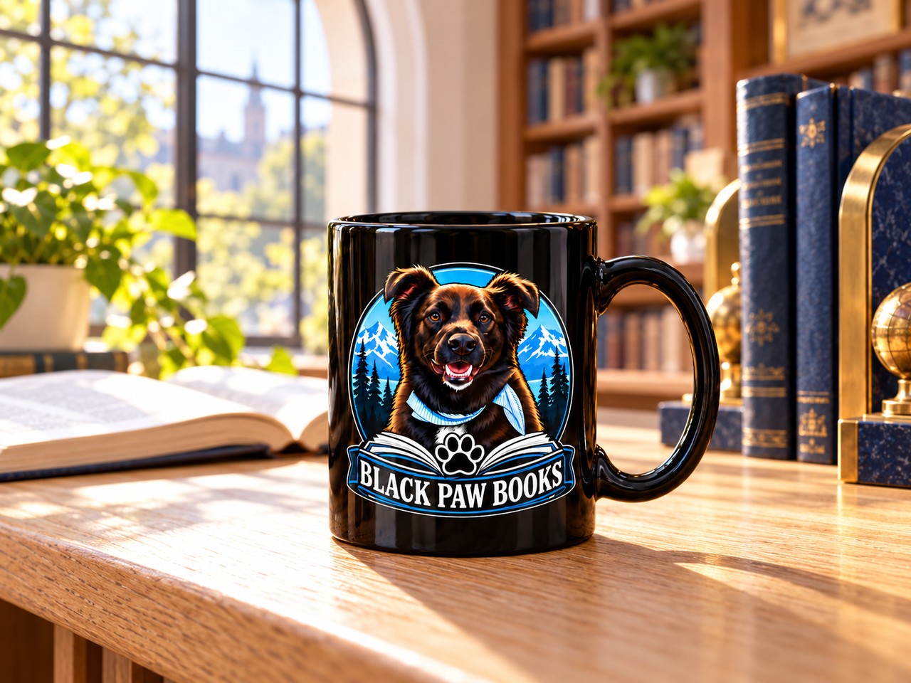 Black Paw Books ceramic mug with dog and mountain artwork on a bright bookstore reading desk