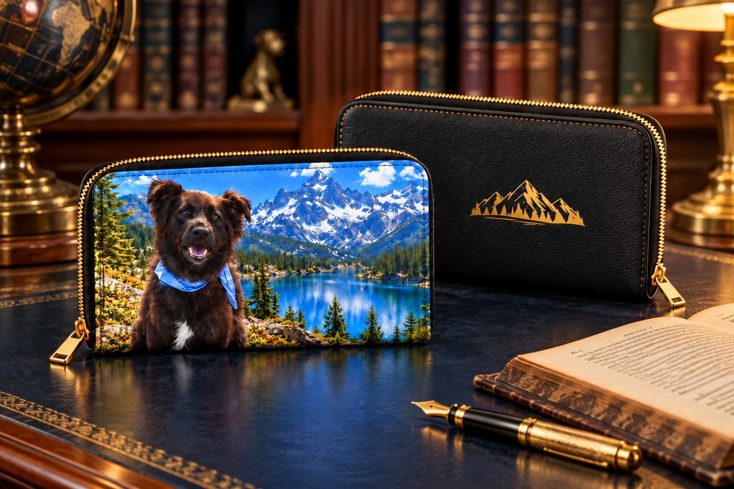 Black Paw Books dog and mountain zipper wallets on a navy library writing desk