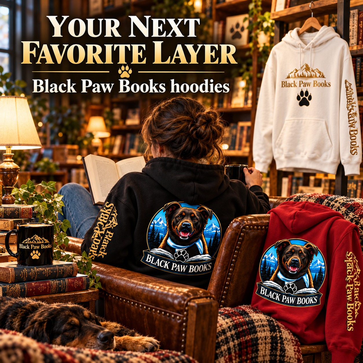 Reader wearing a Black Paw Books black hoodie in a bookstore, with red and white colorways shown
